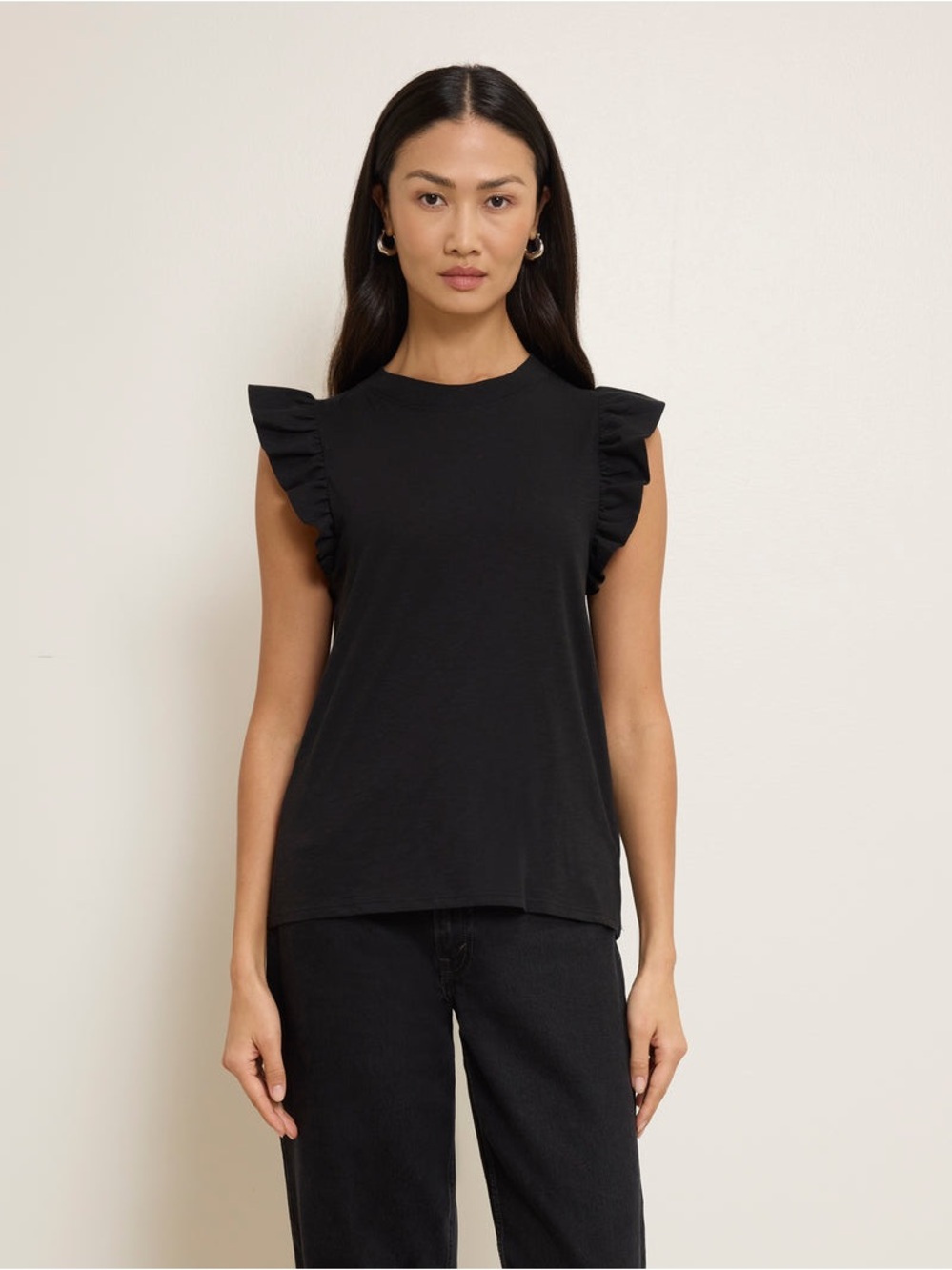 Nation LTD Paulette Tank Black Pima Cotton Ruffle Top XS - Picture 9 of 10